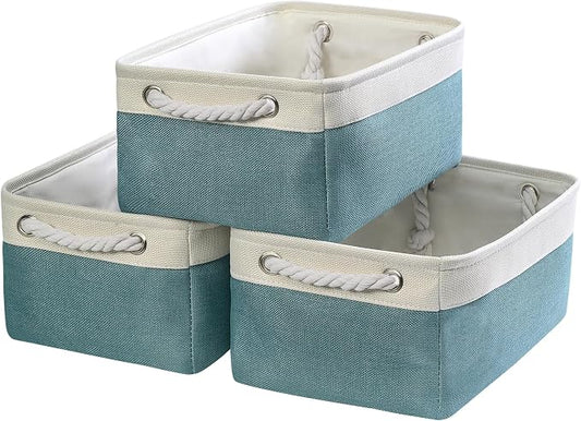 TheWarmHome Fabric Storage Bins Baskets for Organizing,Sturdy Storage Basket W/Handles, Decorative Foldable Storage Baskets for Shelves Closet Nursery Toy (White&Teal, Medium - 3 Pack) by TheWarmHome
