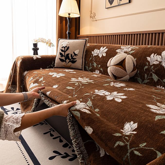 STACYPIK Vintage Floral Coffee Couch Cover Breathable French Garden Sofa Covers for 3 Cushion Couch Chenille Jacquard Pets Protector Slipcovers for Sectional, L Shape Love Seat Couch Cover-71X150IN - Image 3