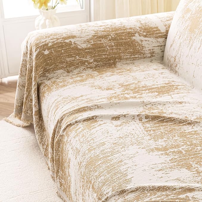 hyha Couch Cover for Dogs, Boho Chenille Sofa Cover for 3 Cushion Couch | Anti-Scratch Washable Sofa Slipcover, Loveseat Sectional Couch Throw Blankets with Tassels (Khaki/White, 88.5x118 Inch) - Image 9
