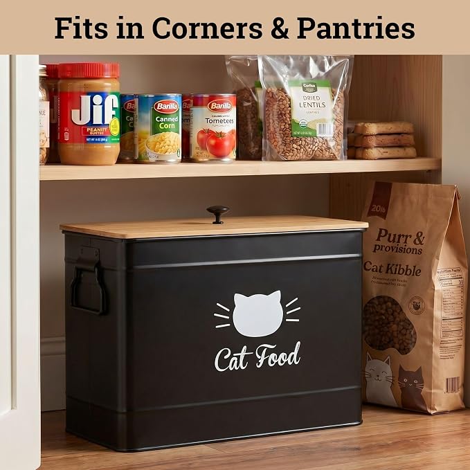 Metal Cat Food Container with Scoop, 15lb (50 Cup) w/ Airtight Bamboo Lid | 15 lb / 50 Cup Capacity, 1 Cup Metal Scoop, Durable Powder Coated Iron Body, Rubber Lined Bamboo Lid, Sturdy Metal Handles - Image 7