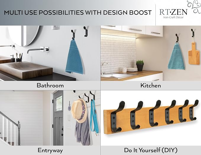 RTZEN Classic Farmhouse Wall Mount Multi-Use Wrought Iron Hook Set (3 Pack) | Decorative Rustic Metal Handcrafted Bathroom, Entreyway Home Decor Hooks Suitable for Coats, Towels, Robe or Hat Hanging - Image 5