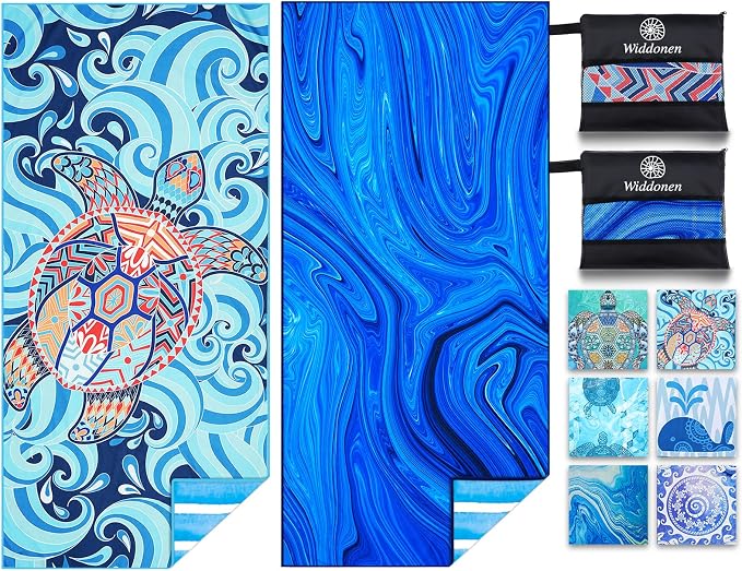 Widdonen Microfiber Beach Towel,Compact 2 Pack-71x32 Inch with Bag Travel | Extra Large,Lightweight,Thin,Sand Free,Quick Dry,Absorbent.Packable for Camping,Swim,Pool,Bath,Picnic,Cruise Essentials Gift by WIDDONEN