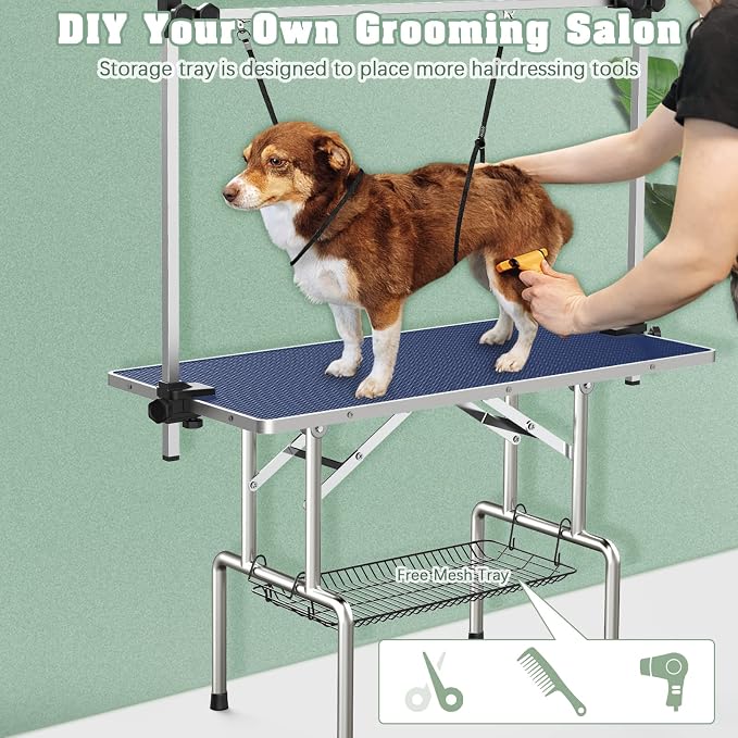 Lyromix 46'' Stainless Steel Pet Dog Grooming Table, Arm/Noose/Tray, Blue | Foldable Dog Grooming Table for Dogs at Home, Adjustable Height Arm, Non-Slip Waterproof Tabletop, Capacity 330Lb - Image 7