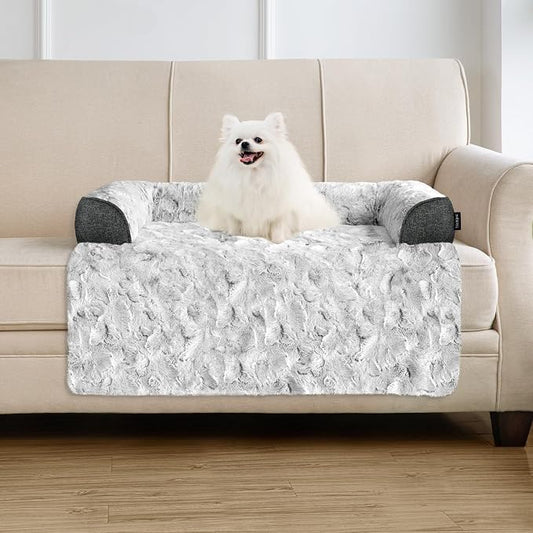Calming Small Dog Bed for Couch, 35 x 31 inch Removable Couch Cover for Dogs Washable, Non-Slip Fluffy Plush Dog Sofa Mat for Furniture Protector - Grey by blunique