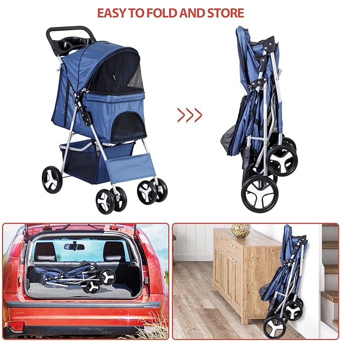 Pet Stroller 4 Wheels Dog Cat Stroller for Small Medium Dog Cats Carrier Jogger Travel Foldable Puppy with Storage Basket and Cup Holder (Navy Blue)