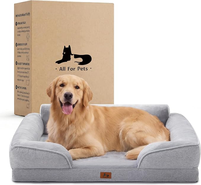 Orthopedic Dog Beds for Large Dogs, Waterproof XL Pet Couch Bed with Soft Sides, Washable Dog Sofa with Flannel Removable Cover, 42" L Supportive Egg-Crate Foam Pet Sofa, Light Grey by WARMREST