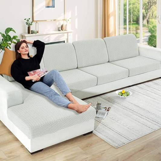 【Clearance】 Stretch Individual Cushion Covers Large Sofa Seat Cushion Slipcovers Soft Couch Cover Replacement Large Checkered Furniture Protector with Elastic Bottom (3 Pcs XL Cushion Covers, Ivory) by YEMYHOM
