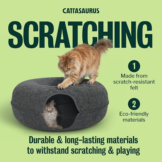 Cattasaurus Peekaboo Cat Cave Donut for Multiple & Large Cats up to 30-45 lbs, 3-in-1 Self Warming Cat Bed, Tunnel & Scratcher for Indoor Cats, Washable & Detachable Small Dog Bed (Dark Gray, Jumbo) - Image 5