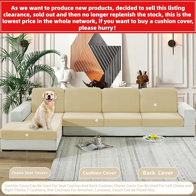 【Clearance】 Stretch Individual Cushion Covers Sofa Seat Cushion Slipcovers Soft Couch Cover Replacement Large Checkered Furniture Protector with Elastic Bottom (3 Pc Cushion Cover, Light Beige) - Image 2
