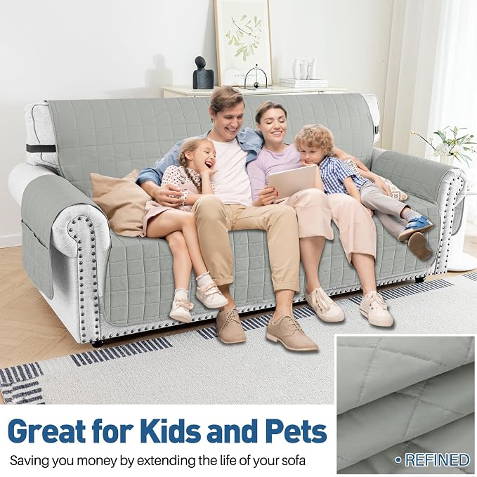 MAXIJIN Waterproof Couch Covers for 3 Cushion Couch Sofa Pet Friendly, 69" Quilted Sofa Covers Washable Dog Couch Cover Protector with Elastic Strap & Side Pocket (Sofa, Light Gray) - Image 2