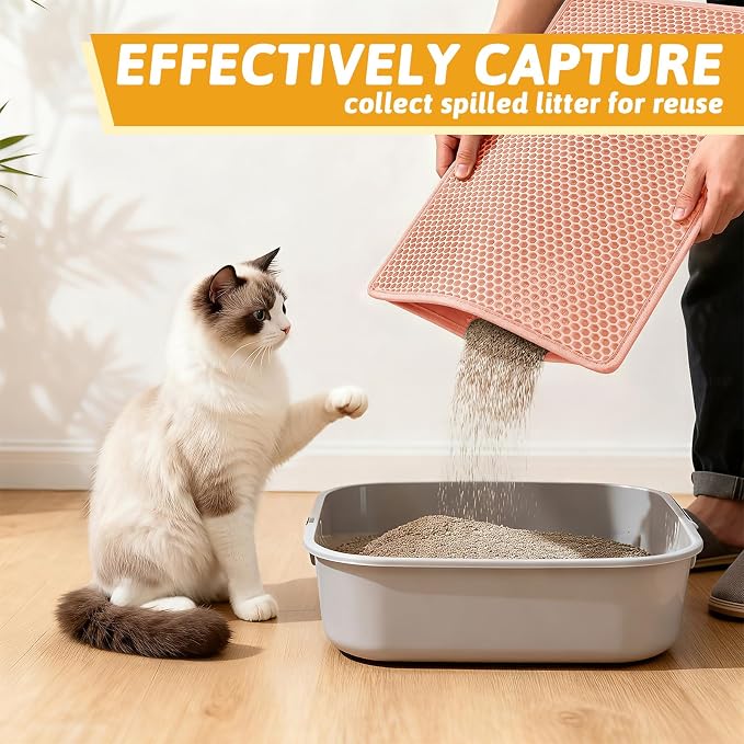 Pieviev Cat Litter Mat, Double-Layer Waterproof Design, 24" x 15" Coral Red | Honeycomb Litter Box Mat Catches Scattered Particles to Stop Tracking, Urineproof Base protects Floors, Easy to Clean - Image 3