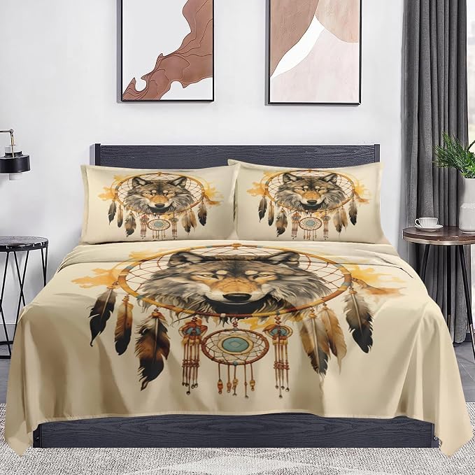 WeCozy Queen Size Bed Sheet Sets with Pillowcases, Tribal Wolf 4 Pcs Soft Microfiber Bedding for Kids and Adults, American Boho Feather Dog Flat, Fitted Sheet for Bedroom Bed Decor - Image 2