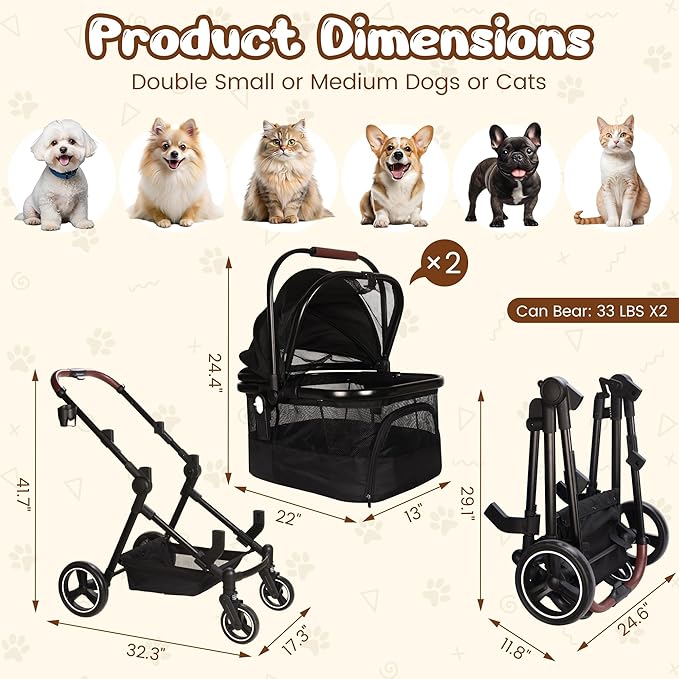 Foldable Double Pet Stroller for 2 Small Medium Cats Dogs, Lightweight Single and Double Integrated Pet Stroller with Detachable Carriers