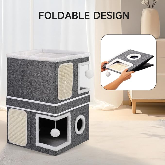 Shikha 2 Story Cat House beds for Indoor Cats with Scratch Pads Grey | 2 in 1 Dual Use Double Cat Bed Cave for Multiple Pets Kitten, Elevated Perch for a Wide View, All Season Reversible Cushion - Image 7