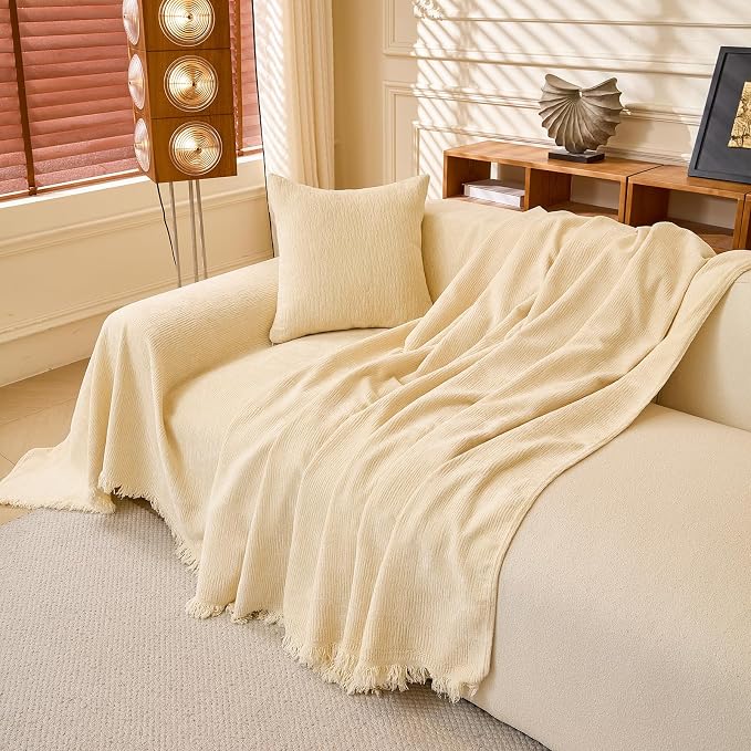 Beige Chenille Couch Cover for Dogs, 1 Piece Sofa Cover with Tassels | Suitable for 2-3 Seater Sofas, Non Slip Washable Sofa Slipcover for Sectional, L-shaped Sofas, Pet Friendly, 71"x134" - Image 8