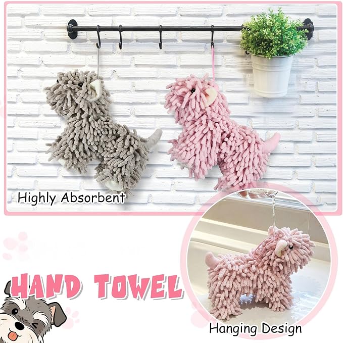Tegeme 2 Pcs Chenille Dog Hand Towel Fuzzy Towel Absorbent Microfiber Soft for Bathroom Kitchen Washstand (Grey Pink,Standing Dog) - Image 4