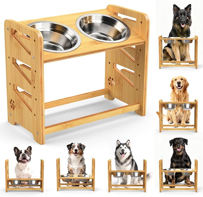 Elevated Dog Bowls, Adjustable Raised Dog Bowl Stand for Large and Medium Pet, 15" High Bamboo Pet Food Feeder with 2 Stainless Steel Dishes（6 Heights） by Unknown