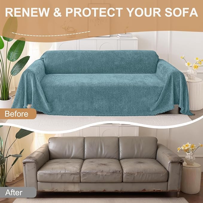Smiry Couch Cover for Dogs, Chenille Sofa Covers for 3 Cushion Couch | Washable Soft Sofa Slipcover for Pets, Thick Sectional Furniture Protector with Tassels (Blue, 88.5x150 Inch) - Image 8