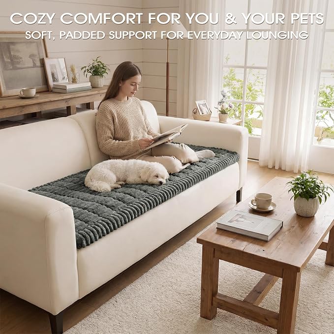 Non-Slip Washable Couch Cover for Dogs, Soft Thick Ribbed Flannel | 27.6"x82.7", Dark Gray, 0.8" Thick, Rubber Dot Backing, Pet-Friendly Protector for Sofa, Floor, Window Seat, Car or Camping - Image 2