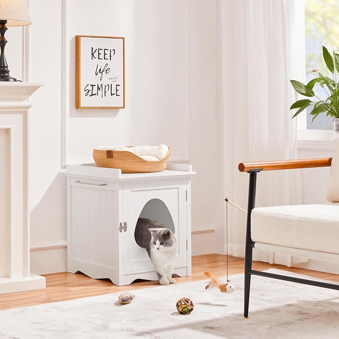 Yaheetech Cat Litter Box Enclosure, Hidden Litter Box Furniture with Side Towel Bar, Wooden Cat Washroom, Storage Cabinet, Indoor Pet House, Side Table Nightstand, White - Image 2