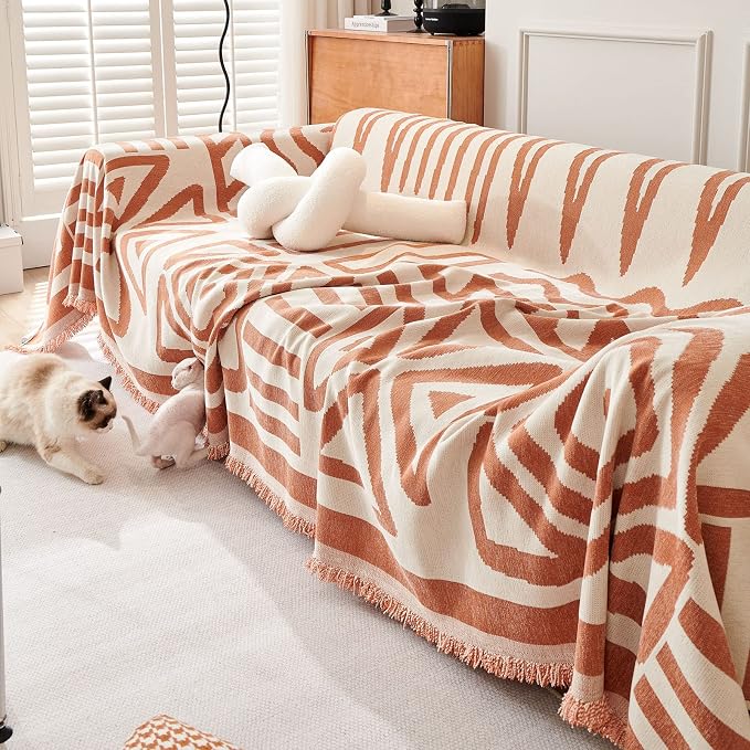 VClife Bohemian Sofa Covers for Dog, Washable Pet Slip Cover for Couch Sofa, Soft Cooling Chenille Couch Cover for 3 Cushion Couch Sofa Living Room Furniture Protector, Caramel-White, 71"X134" - Image 8