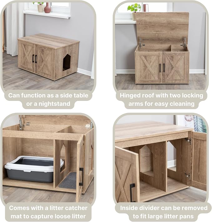 TRIXIE XL Farmhouse Litter Box Enclosure (Graywash), Hidden Litter Box for Cats in Farmhouse-Style, Openings on Either Ends, Large Ventilations Slots, Double Doors for Easy Cleaning, Removable Divider - Image 4