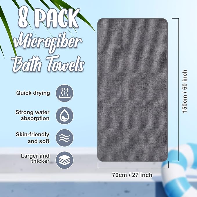 SmoothNovelty 8 Pack Microfiber Bath Towels Bulk 27'' x 60'' Oversized Bath Towel Highly Absorbent Extra Large Shower Sheets Soft Drying for Beach Pool Bathroom Salon Party(Dark Grey) - Image 2