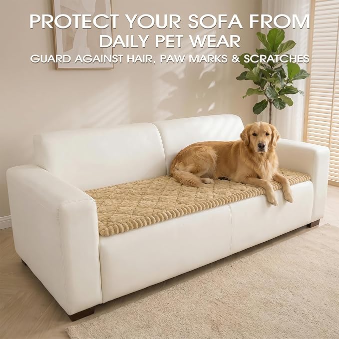 Non-Slip Washable Couch Cover for Dogs, Thick Plush Grid Flannel | 27.6"x70.9", Taupe, 0.8" Thick, Rubber Dot Backing, Pet-Friendly Protector for Sofa, Floor, Window Bench, Car Seat or Camping - Image 3