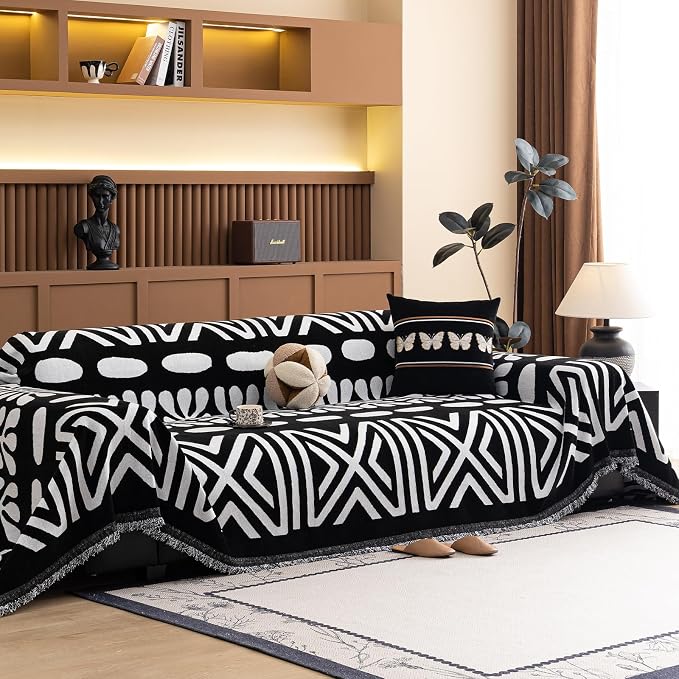 STACYPIK Boho White Geometric Sofa Cover Dog Couch Cushion for Pets L Shape Sofa Slipcovers Non Slip Couch Cover for Sectional Oversized Sofa Protector for 3 Cushion Couch Sofa Throws Blanket-71X150IN by STACYPIK