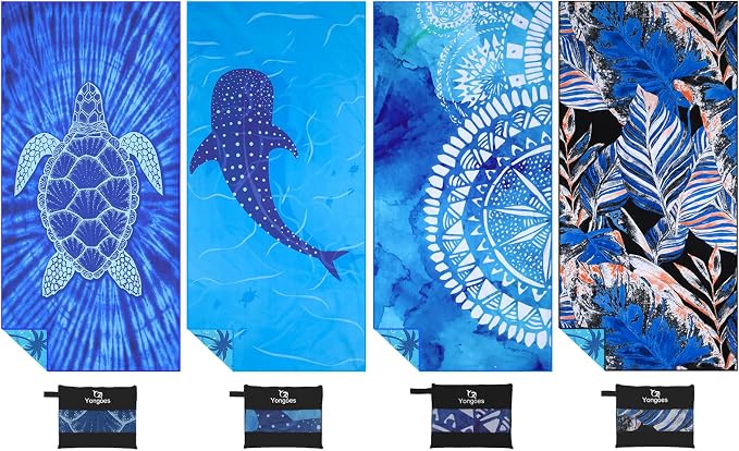Yongoes 4 Pack Microfiber Beach Towel Oversized 71x32 Colorful Print Bulk | Thin & Lightweight, Sand Free, Super Absorbent Quick Dry Large for Pool Swim Bath Travel Vacation Accessories Essentials by Yongoesbeachtowel