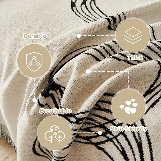 MEETSKY Boho Couch Cover Sofa Covers, Chenille Black Line Couch Covers for 2 Cushion Couch Sofa for Dogs, Washable Slipcover for Cat Sofa Protector with Tassels,71" x 118" - Image 3