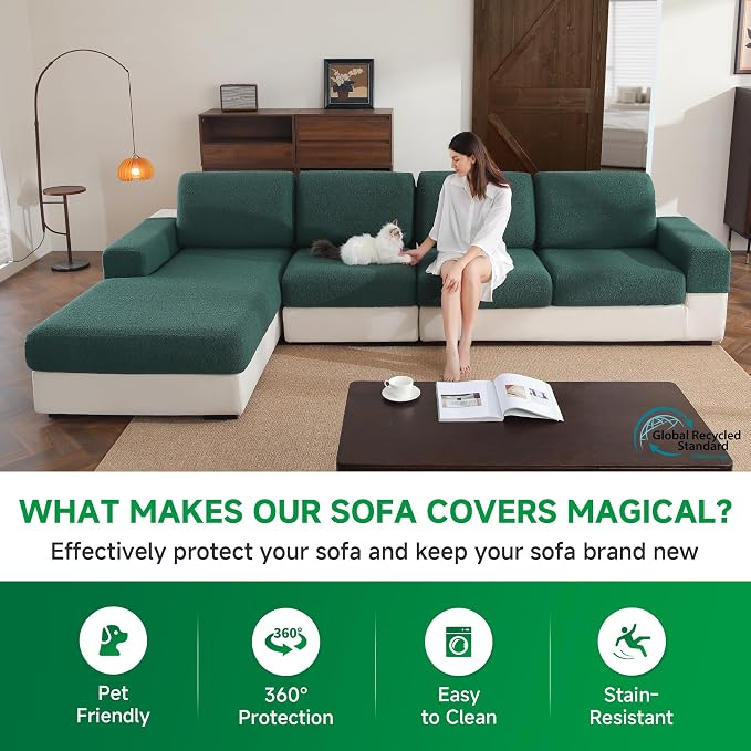 OHSIO Couch Cushion Covers for Sectional Sofa, Stretch Soft Sofa Slipcovers Washable Wear-Resistant Universal Furniture Protector for Living Room(1 Piece Large Cover, Green) - Image 5