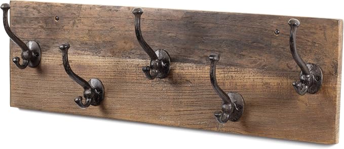 Rustic State Takki Wall Mount Mudroom Entryway Organizer Farmhouse Wood Coat Rack with 5 Cast Iron Double Hooks Walnut 30 Inches Long - Image 2