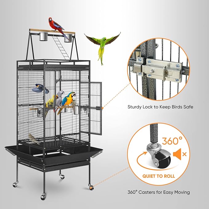 SUPER DEAL 68-inch Large Bird Cage with Rolling Stand African Grey Parrot Chinchilla Finch Cage Conure Cockatiel Cockatoo Pet House Wrought Iron Birdcage, Black - Image 2