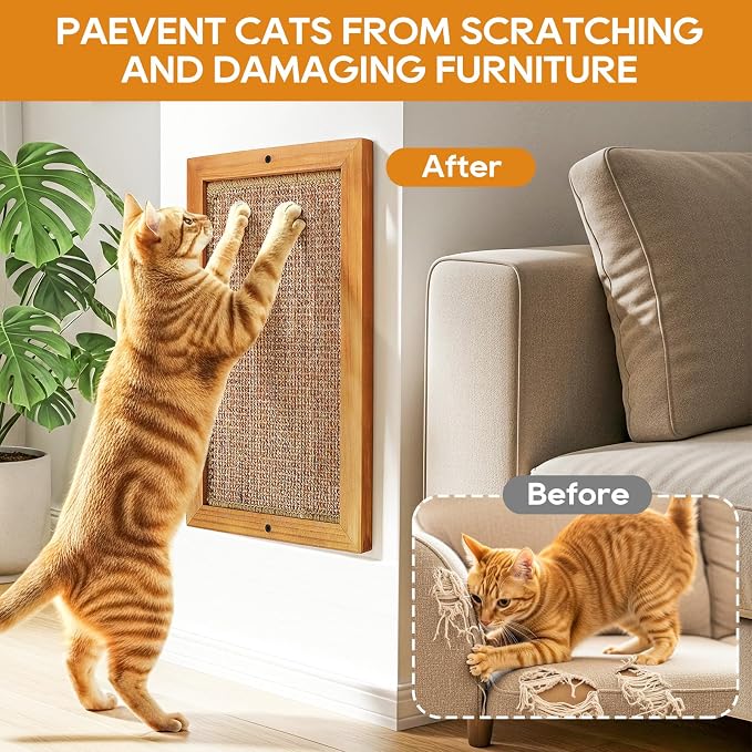 Cat Scratching Post - 2PCS Large, Wooden Sisal Cats Wall Scratcher, Floor or Wall Mounted Vertical Cat Scratch Pad for Indoor Cats Adults or Kittens, Cat Wall Furniture Protector - Image 5