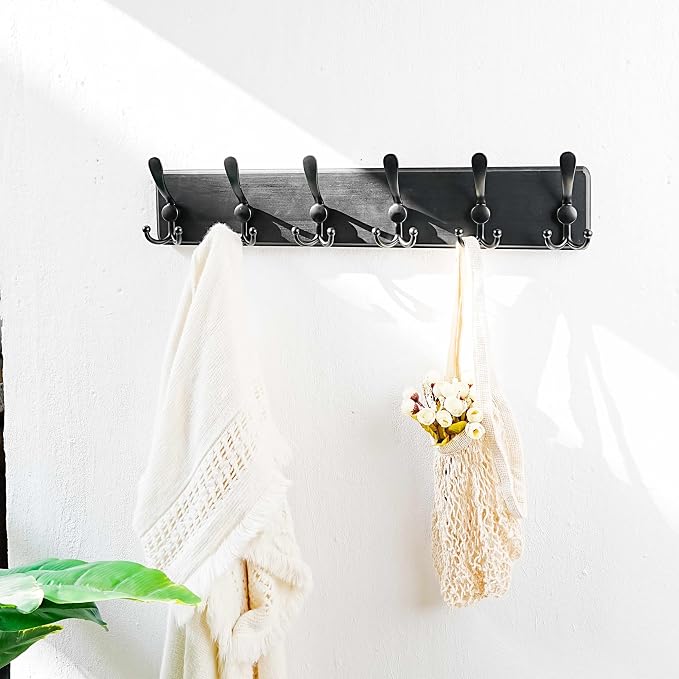 Dseap Coat Rack Wall Mounted - 24" Long 6 Tri Hooks, Heavy Duty Wooden Wall Coat Hanger Coat Hook for Clothes Hat Jacket Clothing, Black, Pack of 2 - Image 7