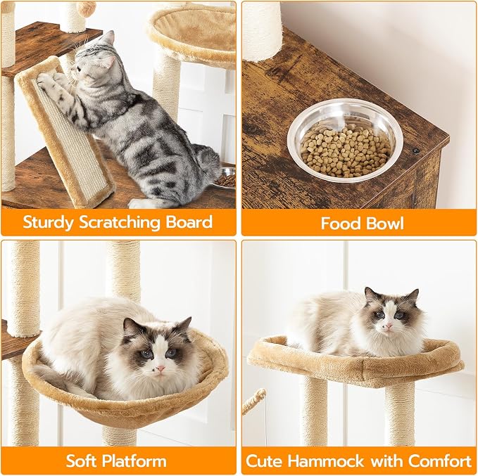 HOOBRO Cat Tree with Litter Box Enclosure, 44" Tall Wooden Cat Tower with Scratching Posts, Cat Hammock, Hidden Litter Box Furniture, All-in-One Indoor Cat Condo, Rustic Brown FG48MZ03 - Image 6