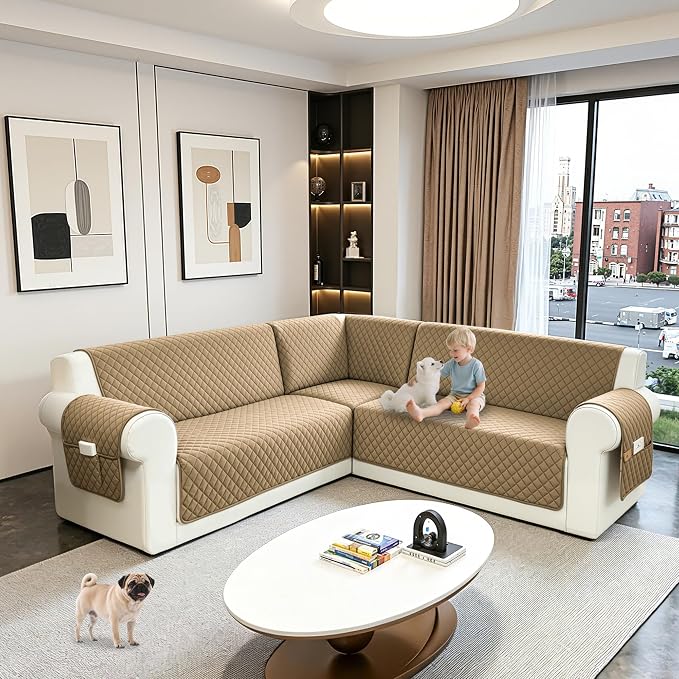 Sectional Couch Covers for Dogs 100% Waterproof Corner L Shaped Sofa Cover Pet Friendly Velvet Washable Anti Slip L Shape Modular Sofa Slipcover Protector with Pockets (Light Brown, XX-Large) - Image 6