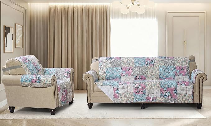 Brilliant Sunshine Lilac and Egg Blue Rose Toile Couch Cover, 70" seat | Traditional Patchwork Design, Non Slip Sofa Cover, Quilted Furniture Protector, Large Washable Slipcover for Pets, Dogs - Image 7