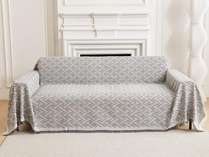 AIVIA Couch Cover Sheet Blanket, Oversized Reversible Covers for 3 Cushion Sofa, Large Furniture Decoration Slipcovers, L-Shape U-Shaped Sectional Protector for Cats Dogs Pets (Gray White 71”x118”) by AIVIAChairCouchSofaCoverThrowBlanket