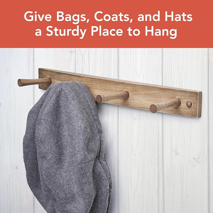 Spectrum Coat Rack Wall Mount 4 Peg Wooden Pegs Organizer for Hanging Coats Hats Bags Towels Jackets Purses, Easy Install Wall Mounted Peg Rack Hanger for Closet Entryway Bedroom Storage, Greige - Image 2
