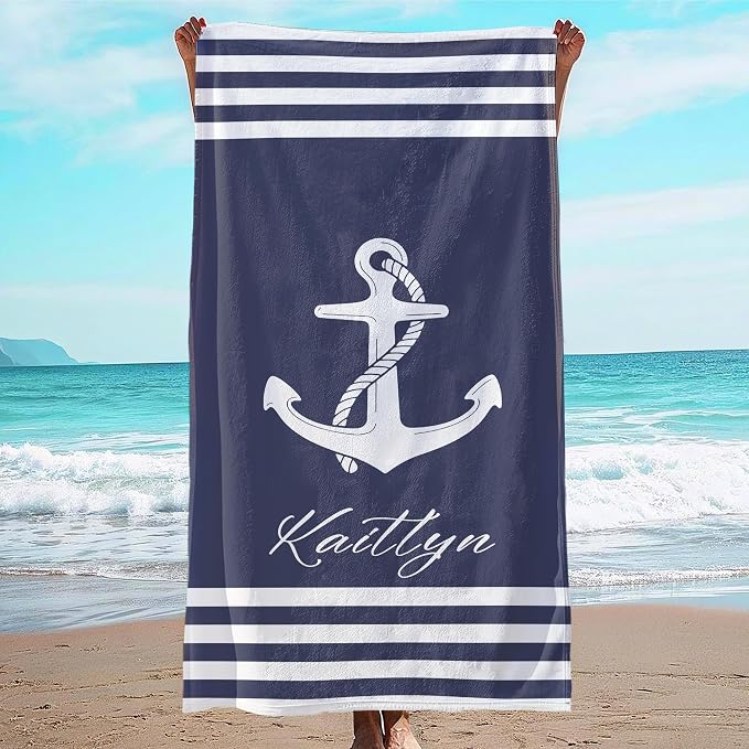 JML Personalized Beach Towel with Name, Custom Anchor Beach Towel, Customized Microfiber Pool Towel, Quick Dry & Absorbent Swim Towel for Adult,Anniversary, Birthday, Summer Holiday,Vacation by JML