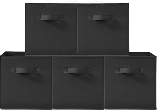 11 Inch Fabric Storage Cubes, Sturdy Foldable Storage Bins, Heavy Duty Cube Organizer for Clothes, Blankets, Shelves, Closets, Bedroom, Living Room, Black, 5 Pack by Unknown