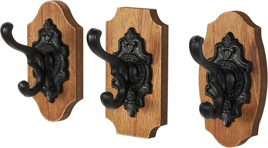 Deco 79 Wooden Fleur De Lis Vintage Inspired Wall Hook with Black Metal Hooks and Curved Edges, Set of 3 4" W, 6" H, Brown by Deco79