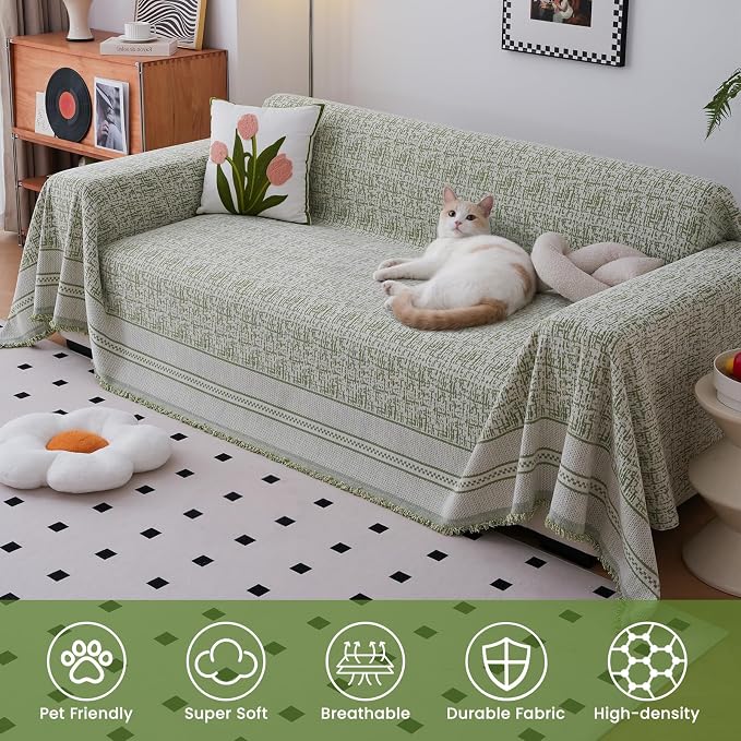 Green 71"x134" Waterproof Sectional Sofa Cover Boho Couch Protector for Pet | Anti Scratch Furniture Protector Pet Friendly Washable Soft Thick Chenille Couch Slipcover for 2-3 cushion, Sectional Sofa - Image 5