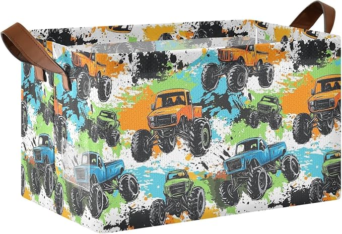 Colorful Monster Truck Splash Trucks Baby Storage Basket with Labels&Handles Rectangular Waterproof Nursery Storage Bins Collapsible Shelf Organizer Baskets for Kids Books Cloth Gift Toys Laundry by Unknown