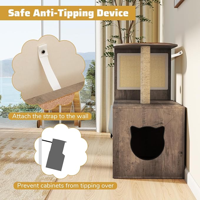 Tangkula Cat Tree with Litter Box Enclosure, Hidden Litter Box Cat Tower with Sisal Scratching Post & Mat, Dangling Ball, Vented Holes, Farmhouse Cat House Washroom (Oak Gray) - Image 7