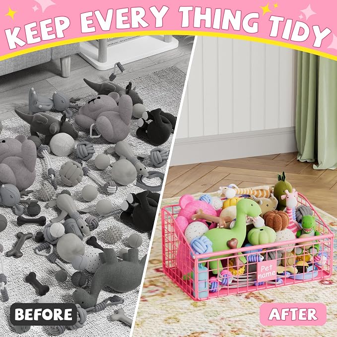 Kaiferty Indestructible Dog Toy basket, Medium Toy Box for Dogs,Pet Toy Bin Dog Metal Basket for Toys, Toy Storage Organizer, Living Room Area (Pink) - Image 5