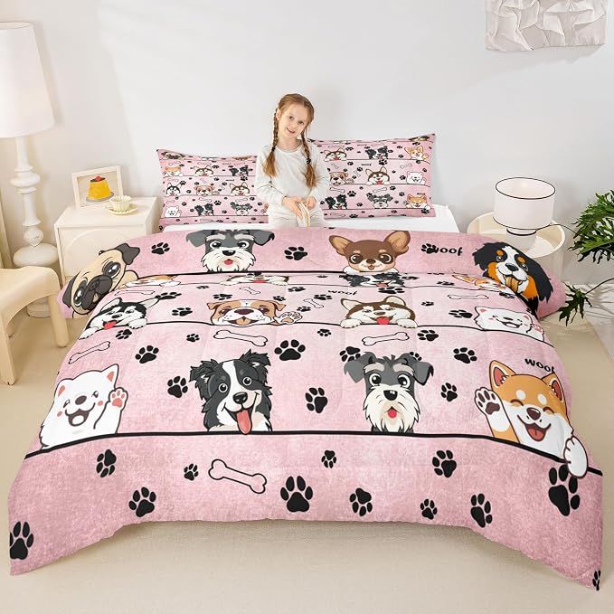 Manfei Black Paw Bone Print Pink Bedding Set for Boys Girls,Cartoon Puppy Pet Animals All Season Cozy Comforter Set Full Size,Cute Dog Duvet Set Bedroom Decor,Personalized Birthday Gifts - Image 3