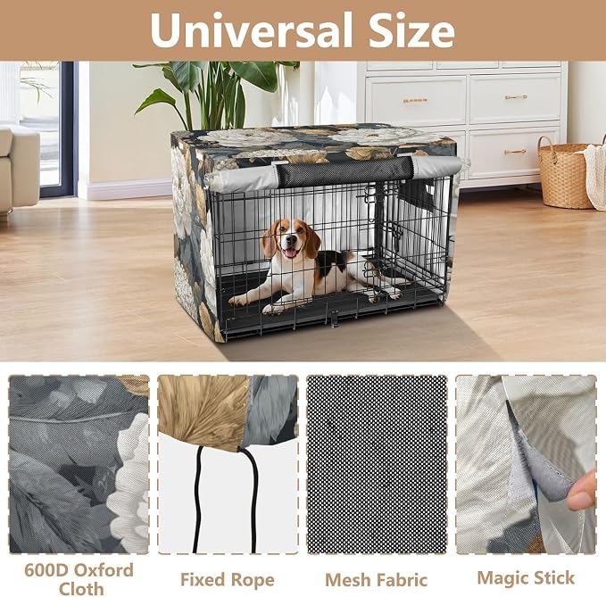 Dog Crate Cover Kennel Cover for Dog Cages Breathable for Wire Cage Indoor Outdoor White Peony Flower Golden Leaves Hydrangeas Black - Image 4